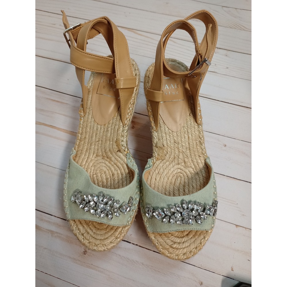 Kaari Blue Chloe Green Denim Rhinestone Espadrille Wedge Sandals Tan Ankle Strap